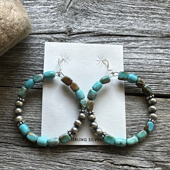 Sterling Silver Blue Green Turquoise Oxidized Pearls Bead Hoop Earrings 2.6 Inch - Picture 8 of 12